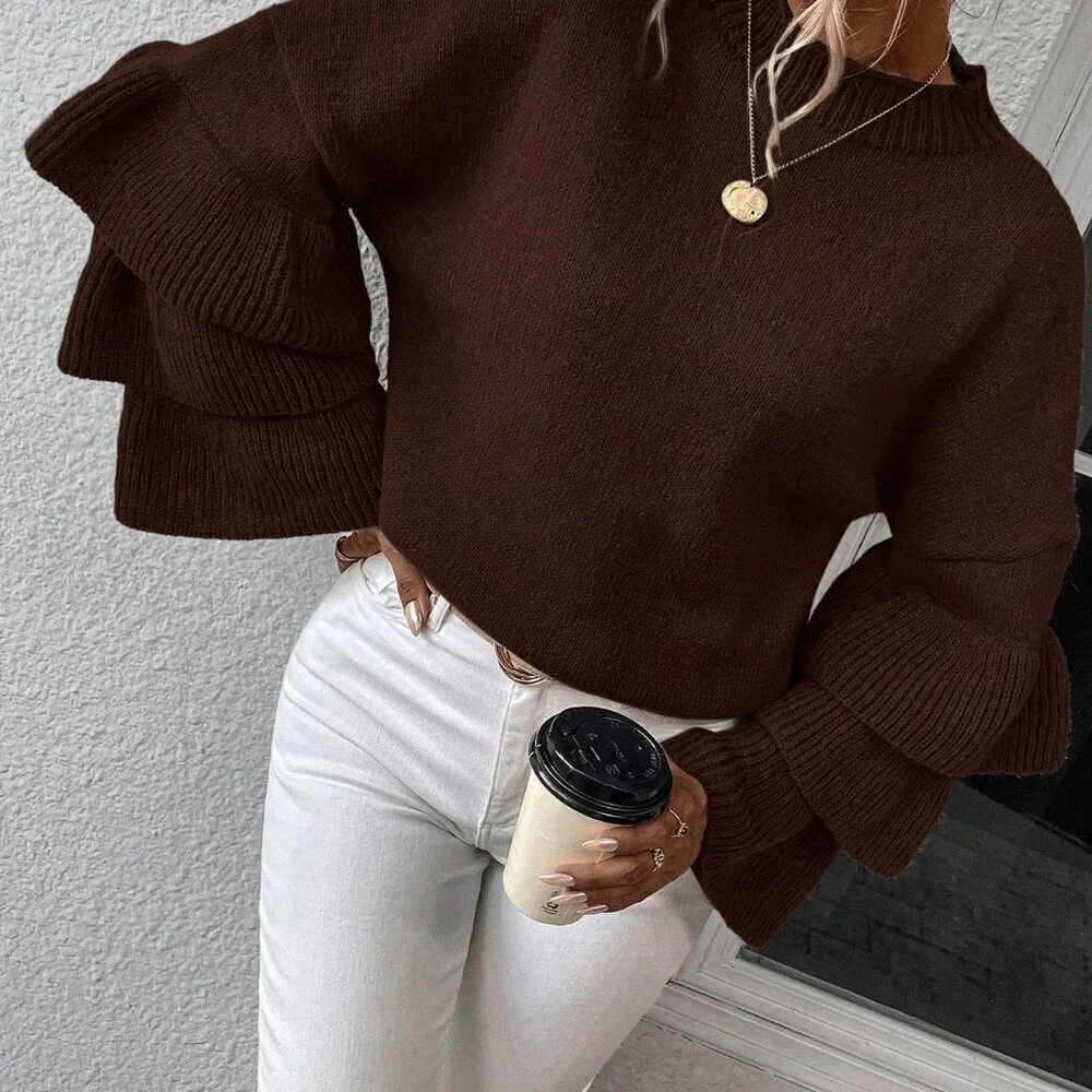 Coffee Brown Casual Women's Loose Sweater with Ruffle Hem and Drop Shoulder